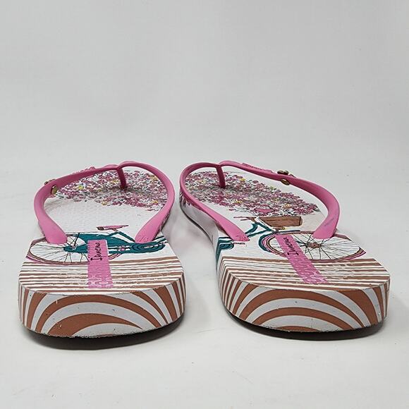 Ipanema Flip Flops Women 9 Bicycle Flower Print Sandals Pink White Bike Logo - Picture 8 of 10